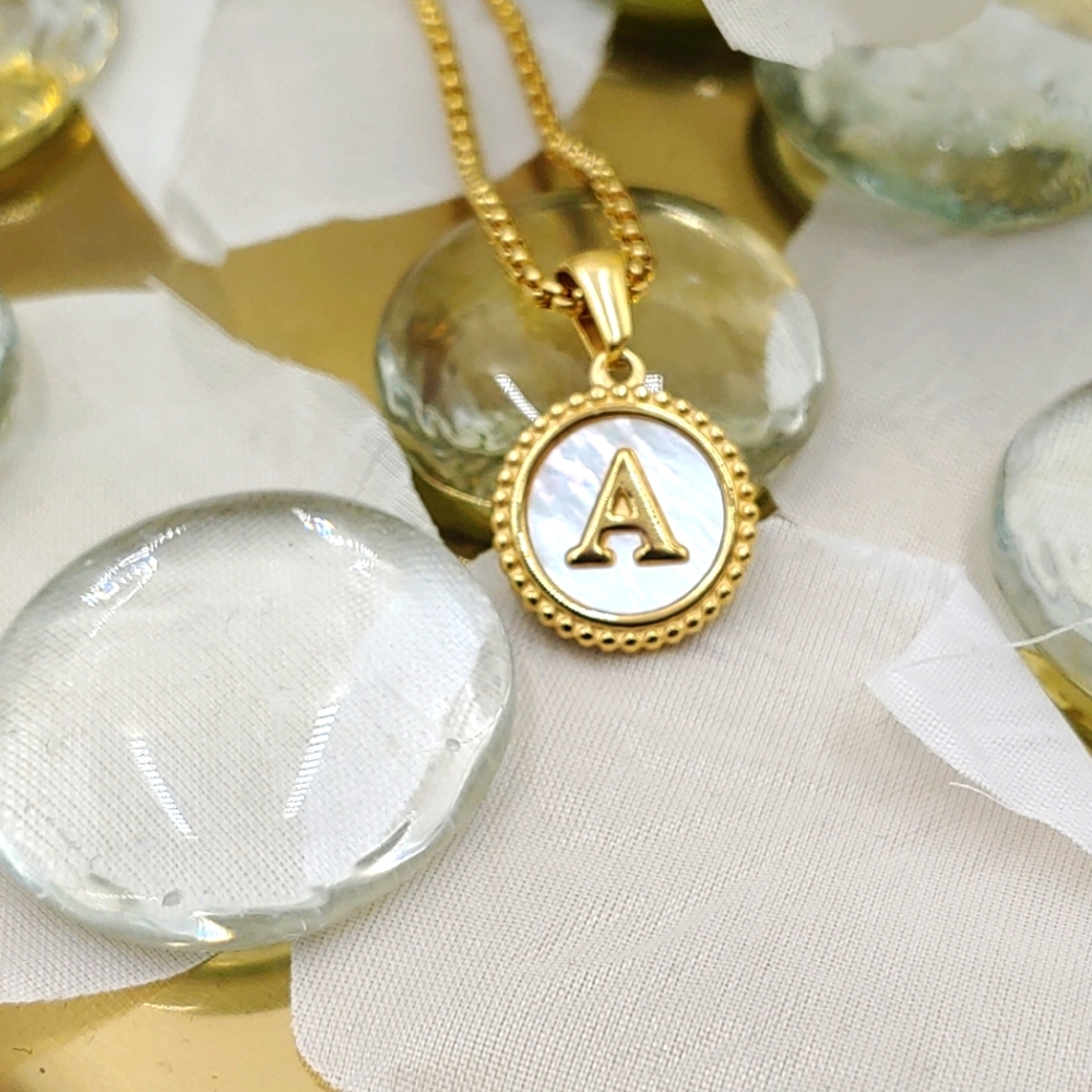 Initial Letter Charm, A, 18K GP Circle Mother of Pearl Textured Charm Necklace